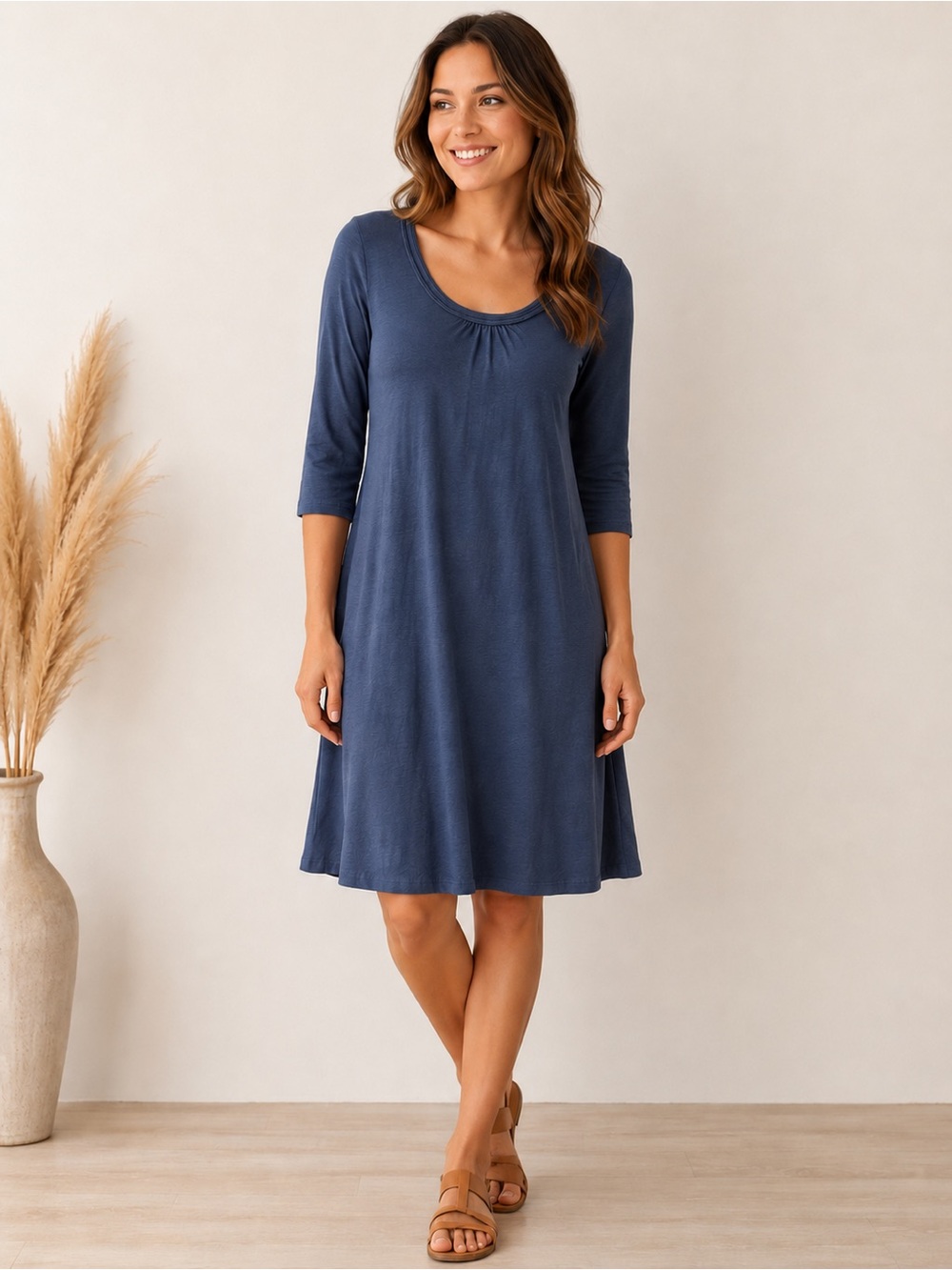 Garnet Hill Blue Cotton Modal Trapeze Shift Dress Midi 3/4 Sleeve Size Small‎